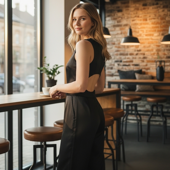 VS Black Satin Wide Leg Jumpsuit Size Large EUC - Picture 4 of 11